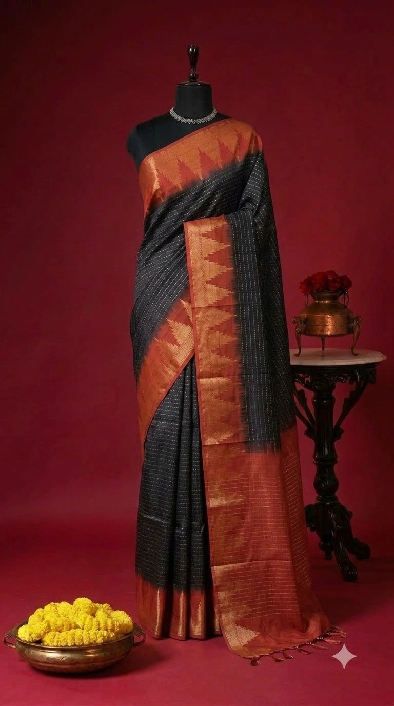 Pure Black Bamboo Silk Saree