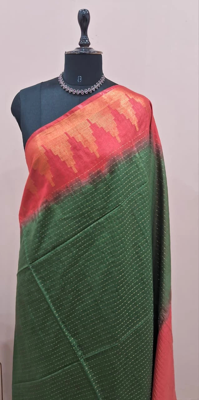 Grass Green Bamboo Silk Saree 1