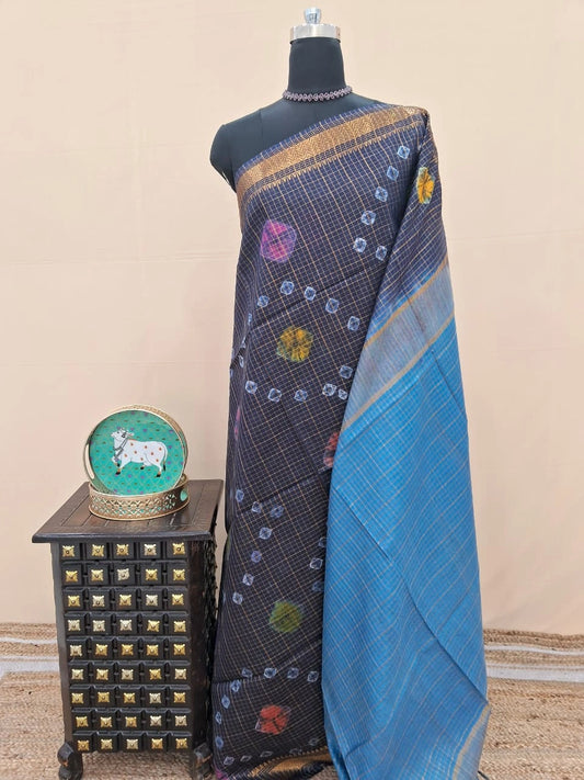 Black Checked Bamboo Silk Saree 