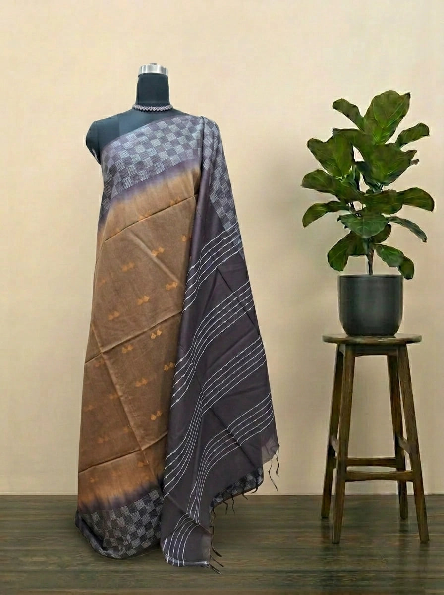Elegant Dark Brown Bamboo Silk Saree