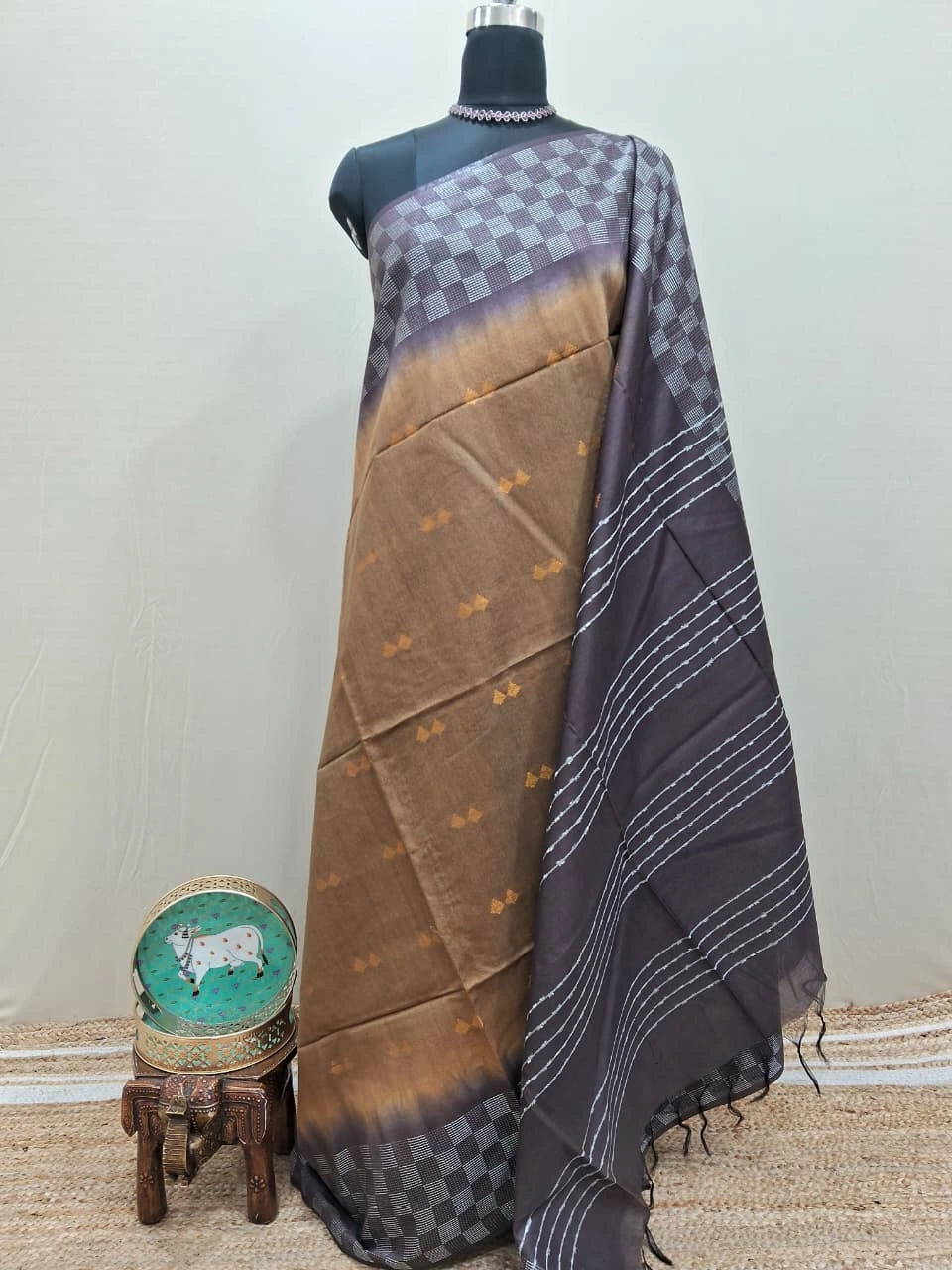 Elegant Dark Brown Bamboo Silk Saree