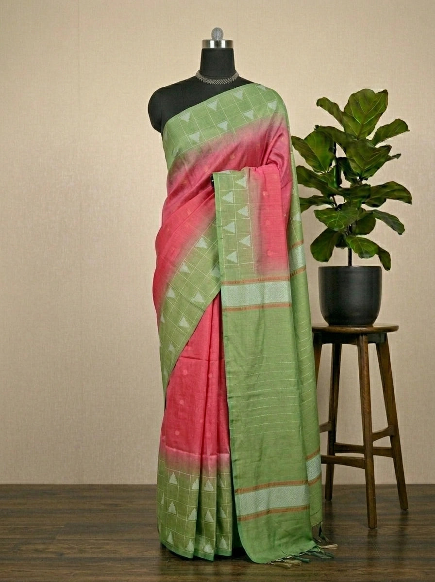 Reddish pink Bamboo Silk Saree 