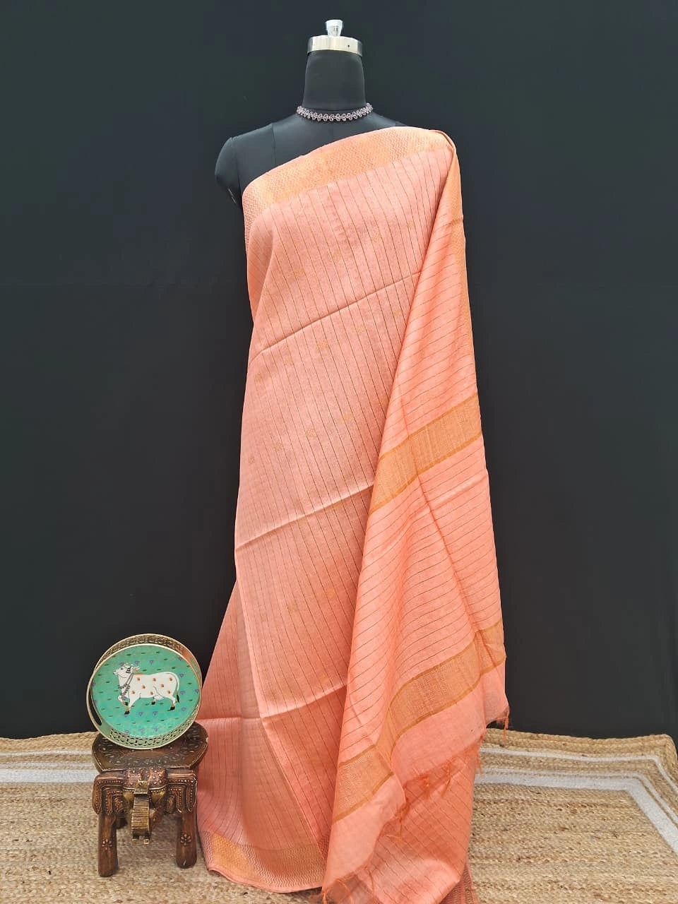 Beautiful Peach Bamboo Silk Saree 