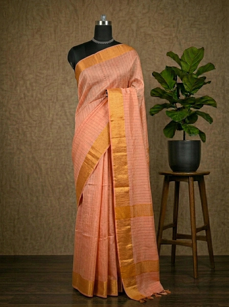 Beautiful Peach Bamboo Silk Saree 