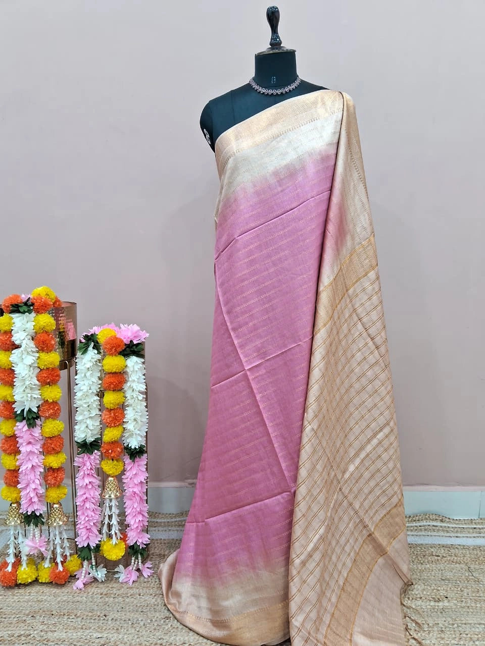 Baby Pink Bamboo Silk Saree
