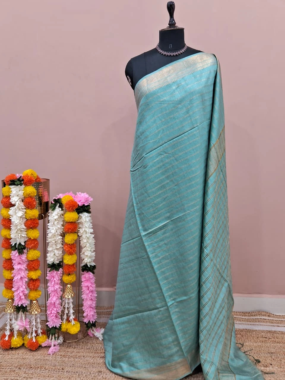 Marine Blue Bamboo Silk Saree