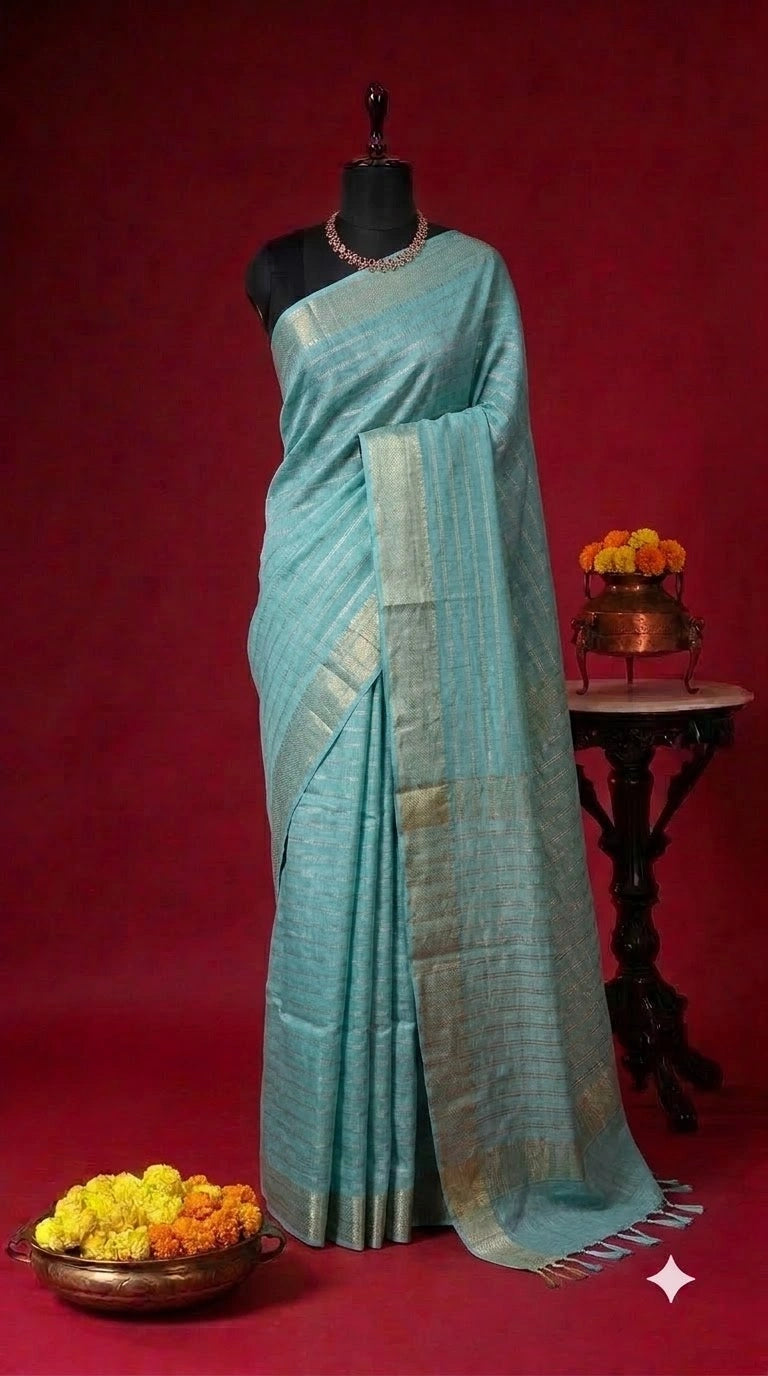 Marine Blue Bamboo Silk Saree