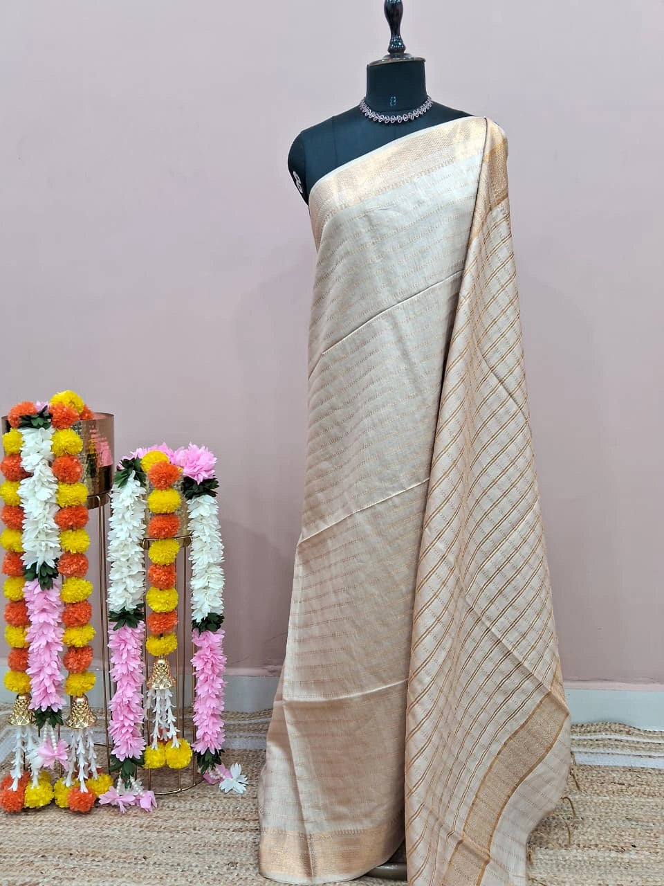 Beige Pink Bamboo Silk Saree