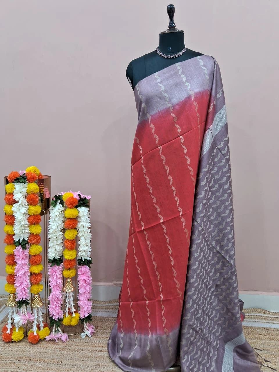 Reddish Pink Bamboo Silk Saree