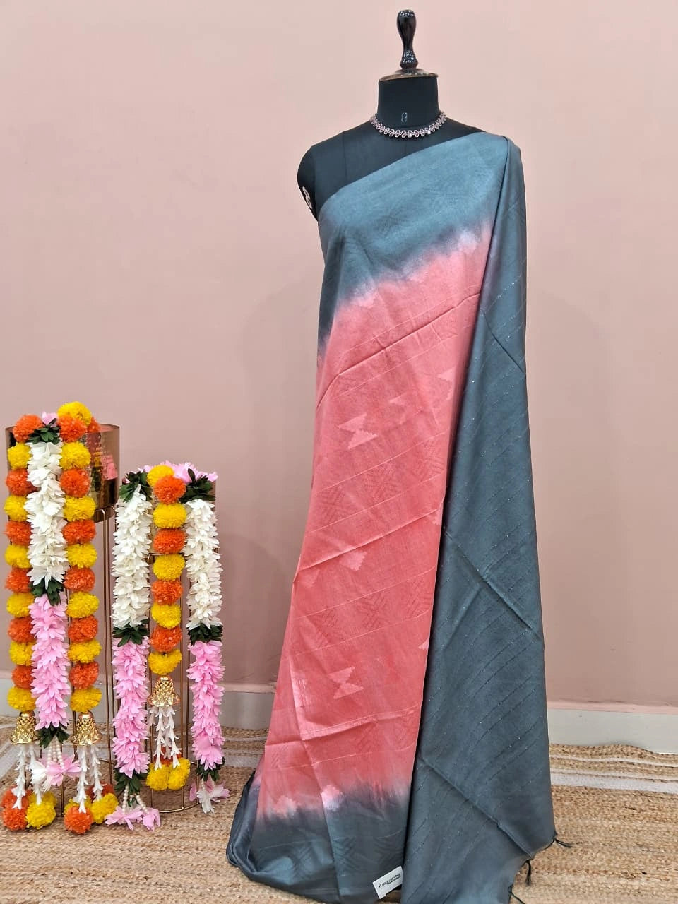 Light Peach Bamboo Silk Saree