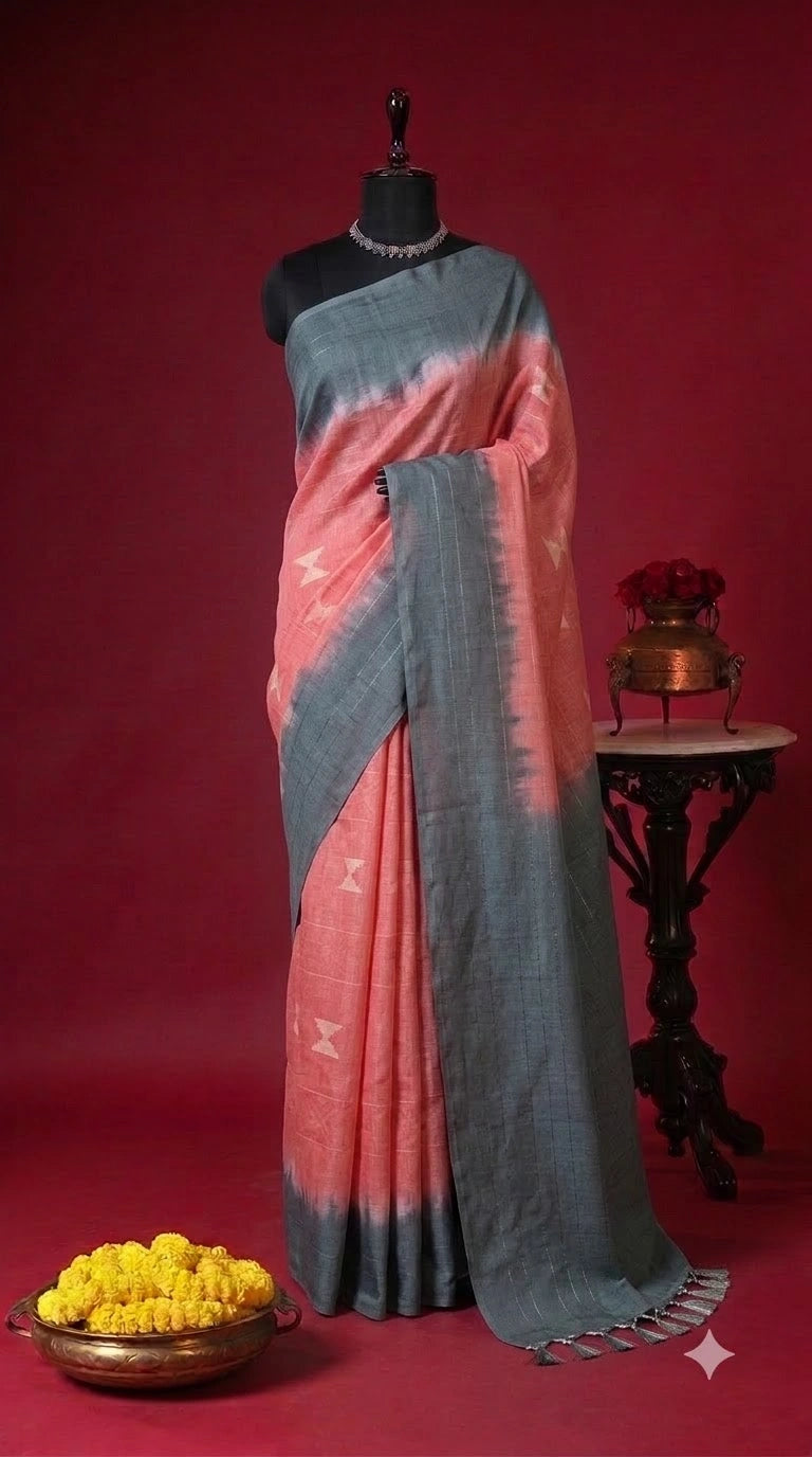 Light Peach Bamboo Silk Saree