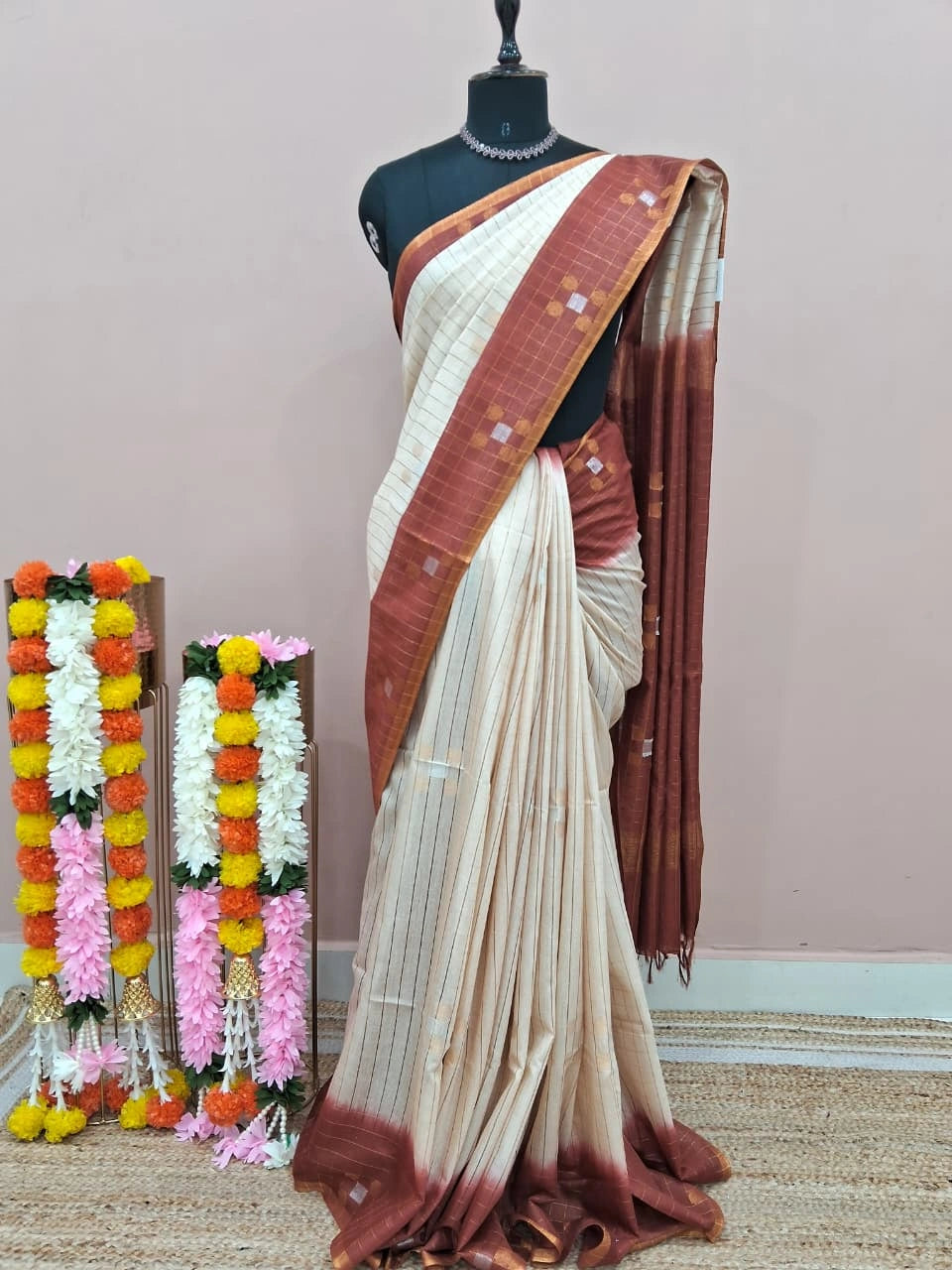 Beige Pure Bamboo Silk Saree 