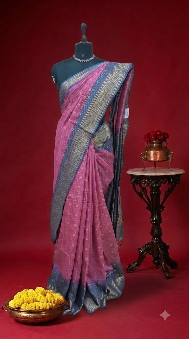 Pink Zari-Checked Bamboo Silk Saree