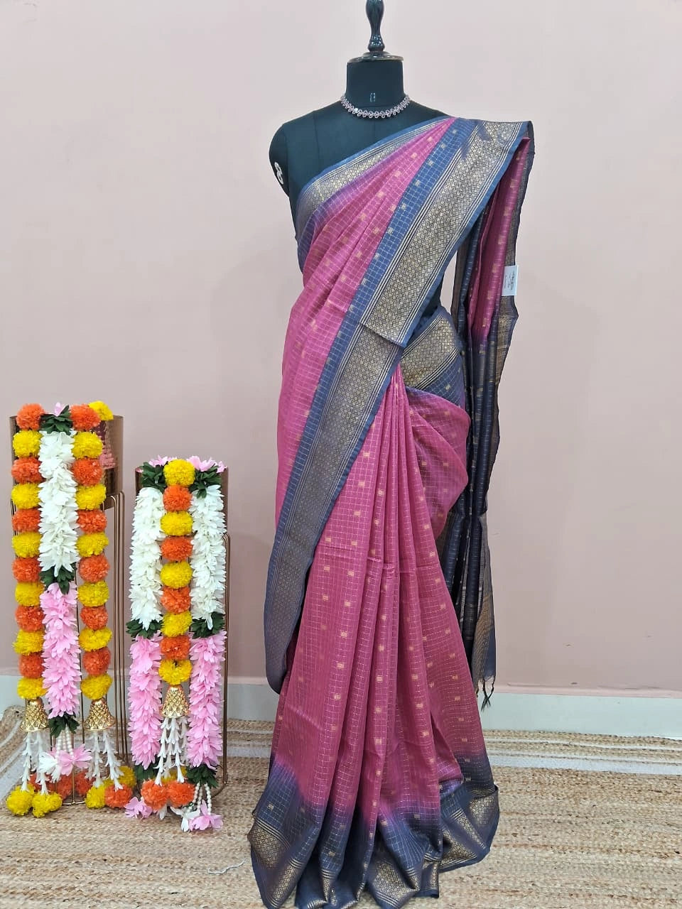Pink Zari-Checked Bamboo Silk Saree