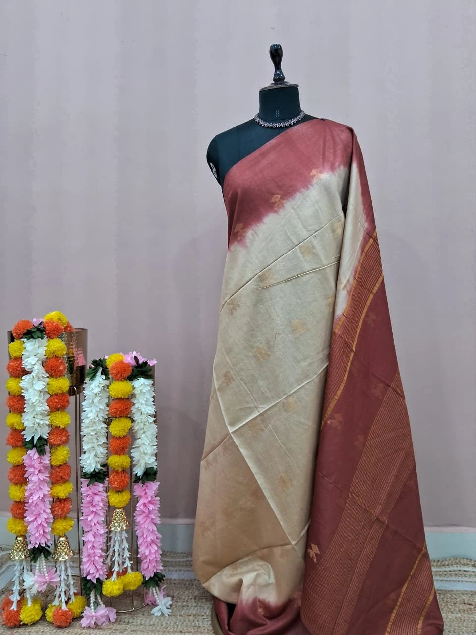 Cream Pure Bamboo Silk Saree 2