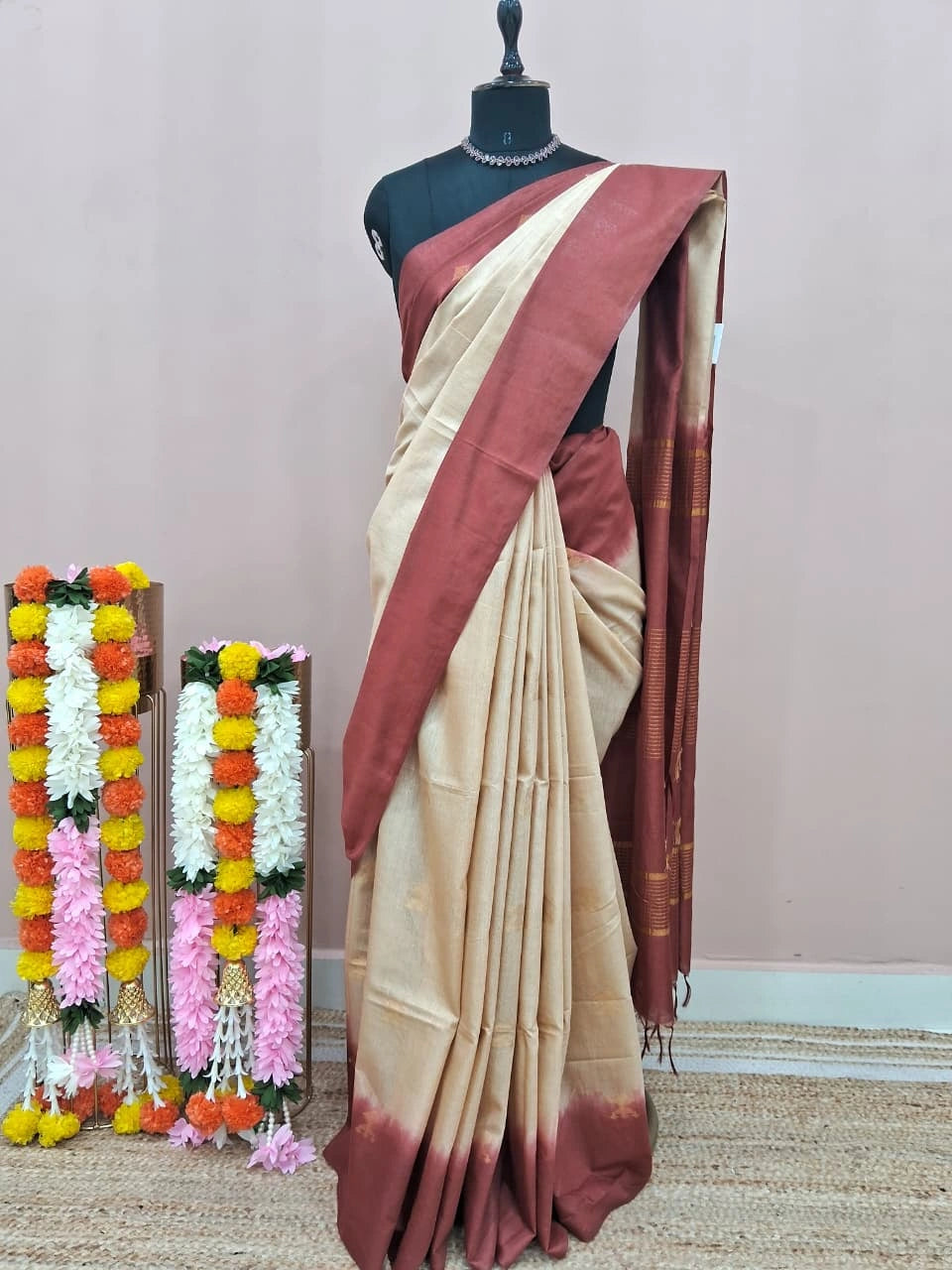 Cream Pure Bamboo Silk Saree 1