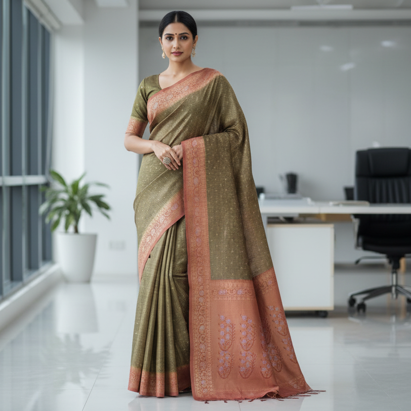 Army Green Tussar Saree