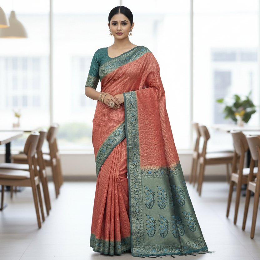 Tangerine Orange Tussar Saree