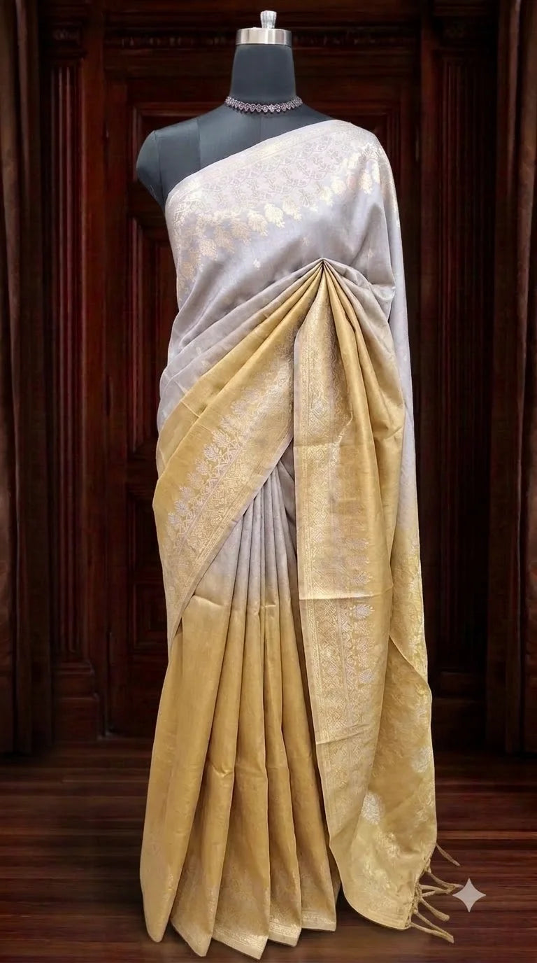 Shaded Mustard Yellow and Grey Tussar Saree