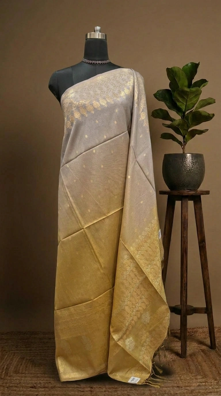 Shaded Mustard Yellow and Grey Tussar Saree