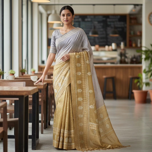 Shaded Mustard Yellow and Grey Tussar Saree
