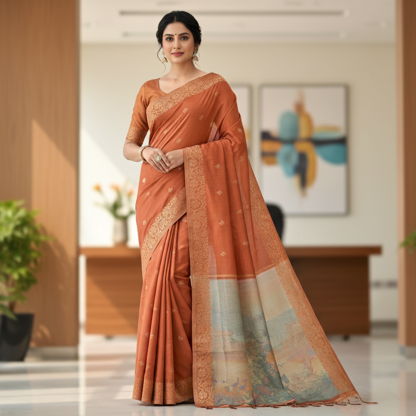 Tangarine Orange Tussar Saree 