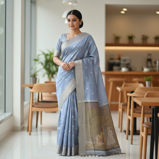Slate Blue Tussar Saree Pallu