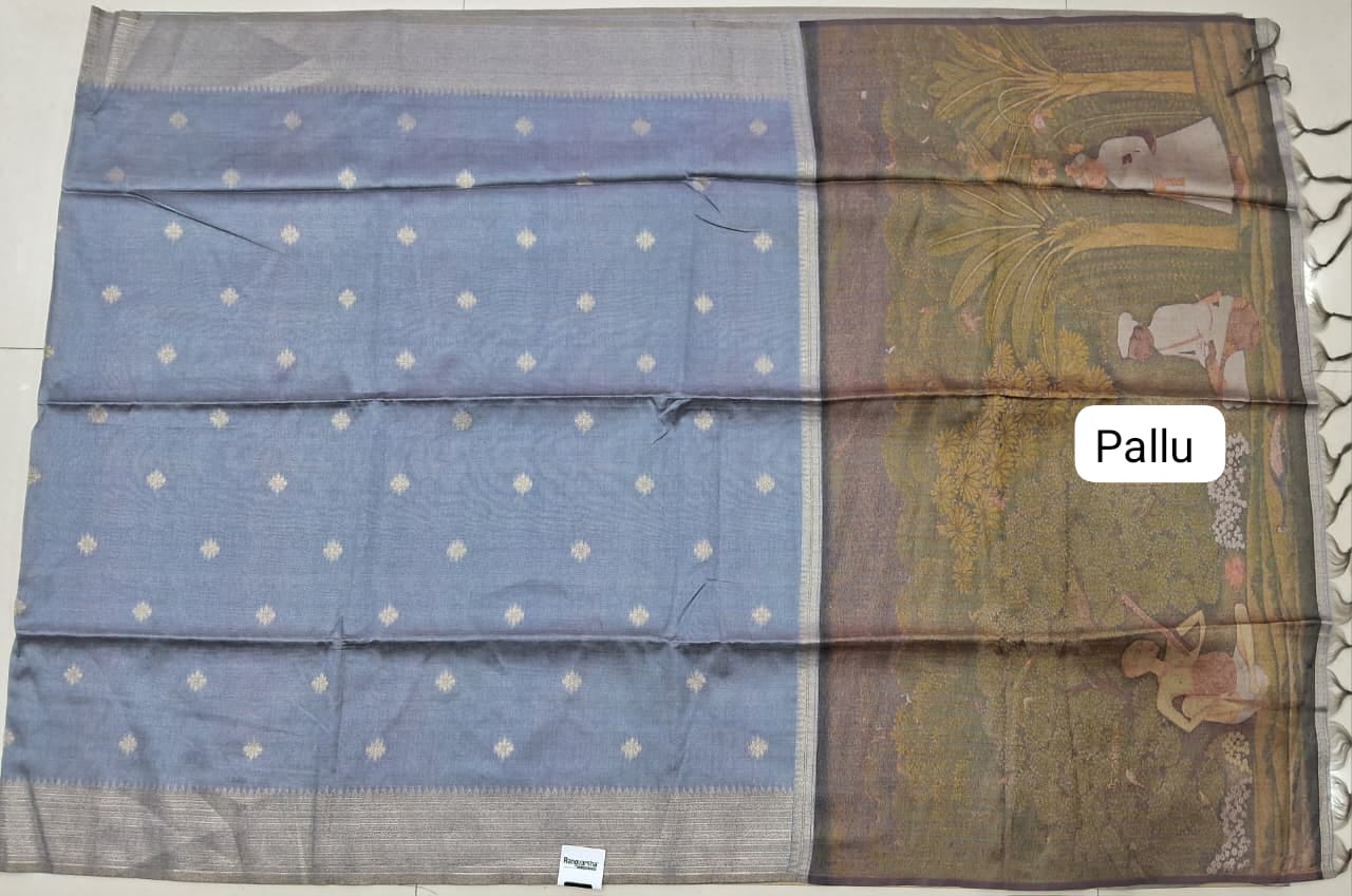 Slate Blue Tussar Saree Pallu