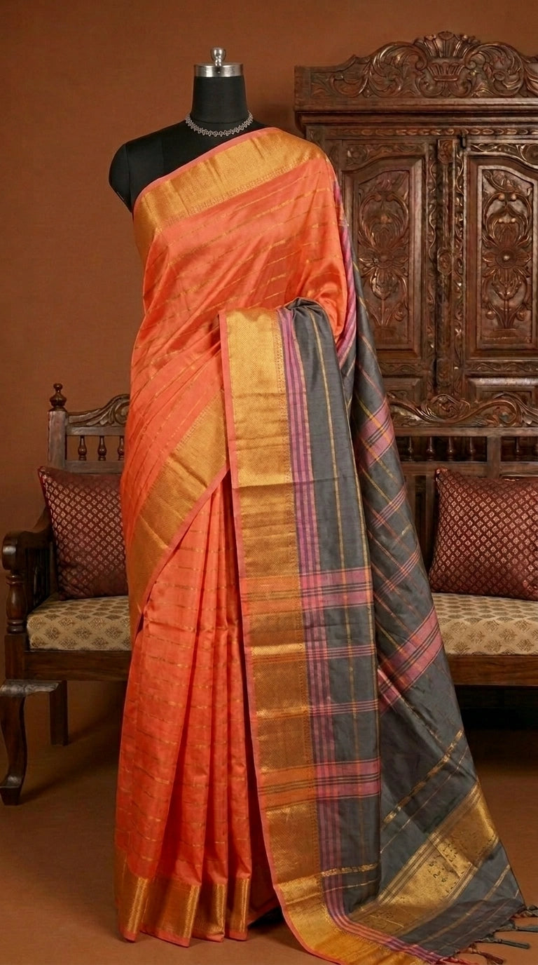 Tangerine Orange Hand Woven Banana Silk Saree 