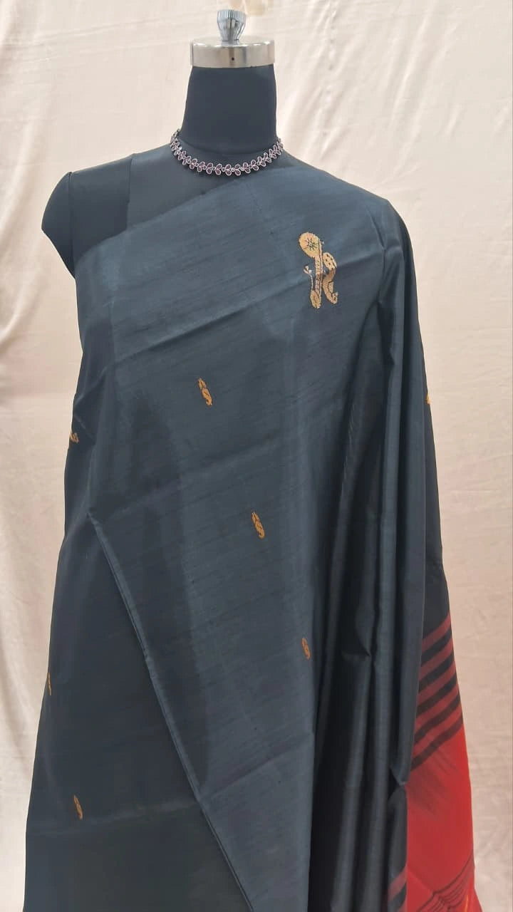 Deep Navy Blue Handwoven Banana Silk Saree 1