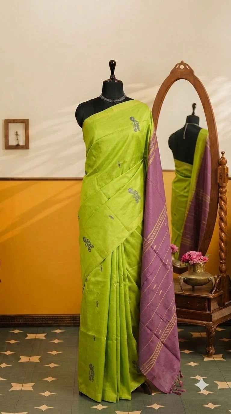 Bright green handwoven banana silk saree