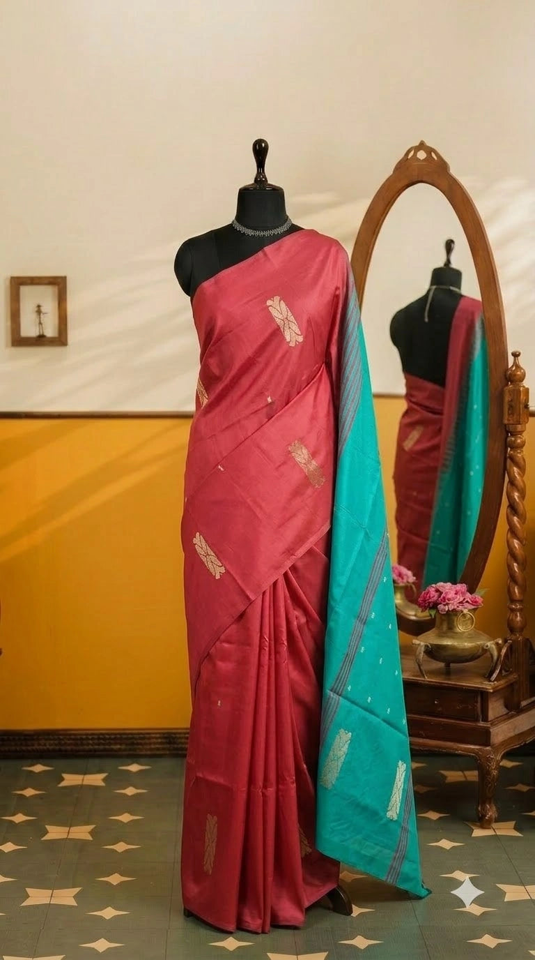 Reddish-pink handwoven banana silk saree 