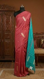 Reddish-pink handwoven banana silk saree 
