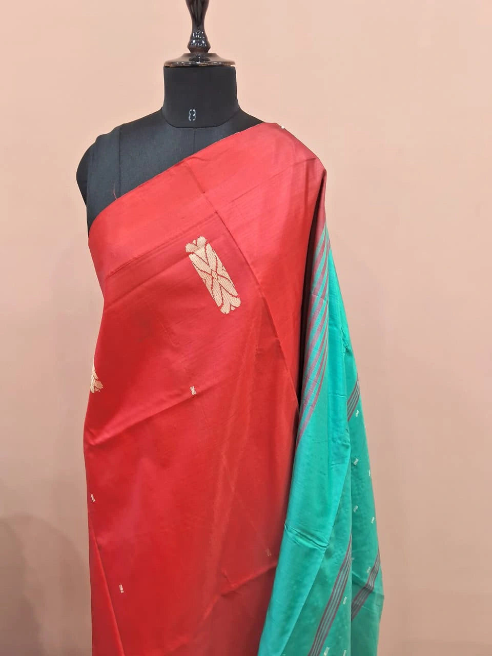 Reddish-pink handwoven banana silk saree 1