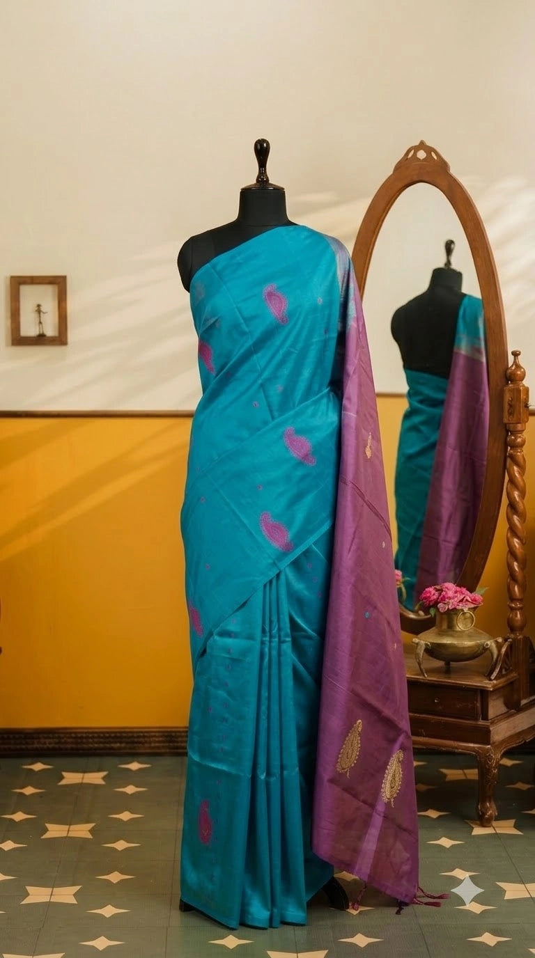 A Marine Blue handwoven banana silk saree