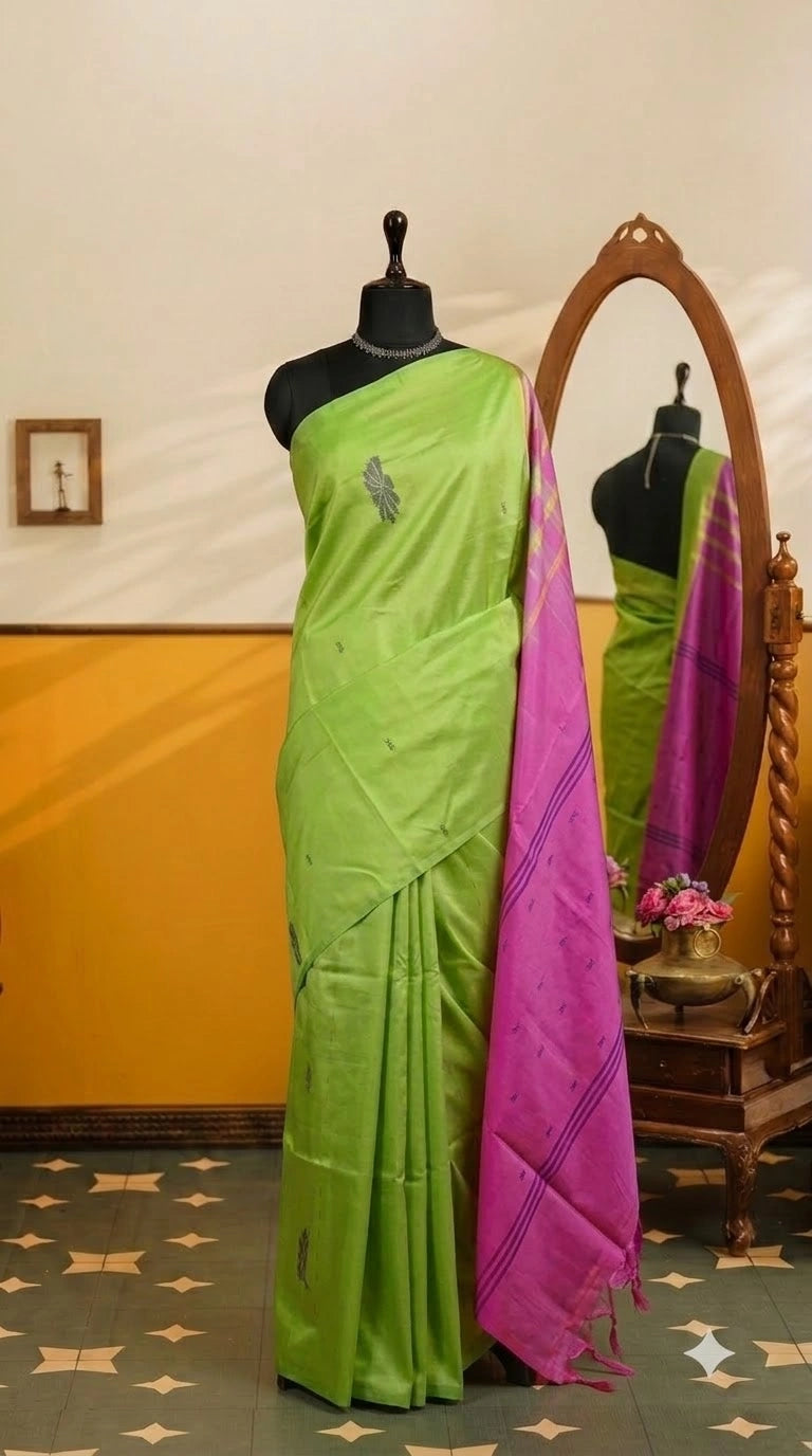 Leaf green handwoven banana silk saree
