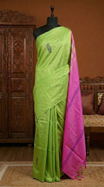 Leaf green handwoven banana silk saree 