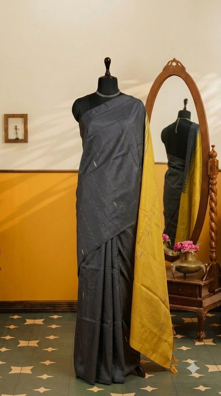 Charcoal grey handwoven banana silk saree