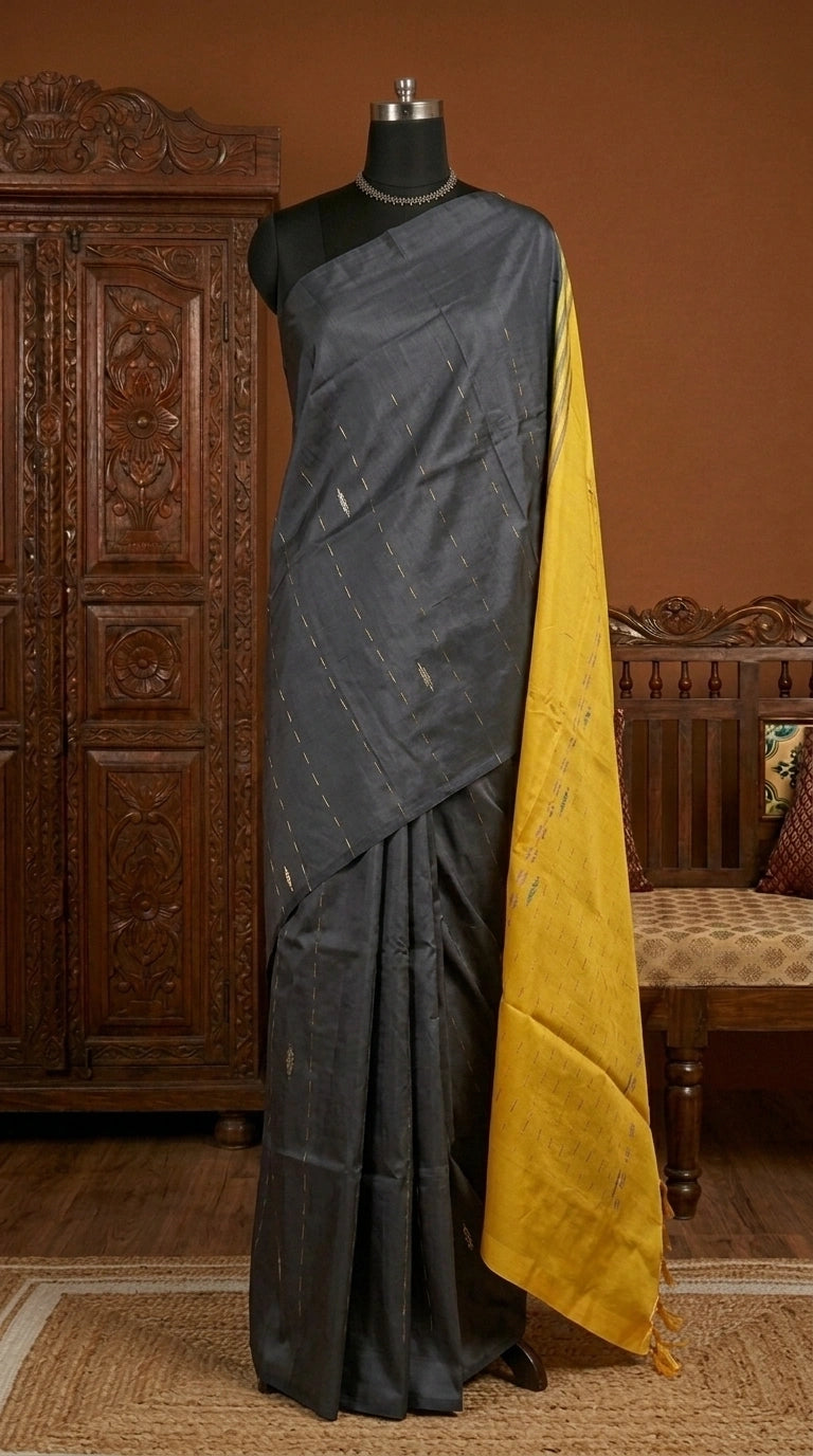 Charcoal grey handwoven banana silk saree 