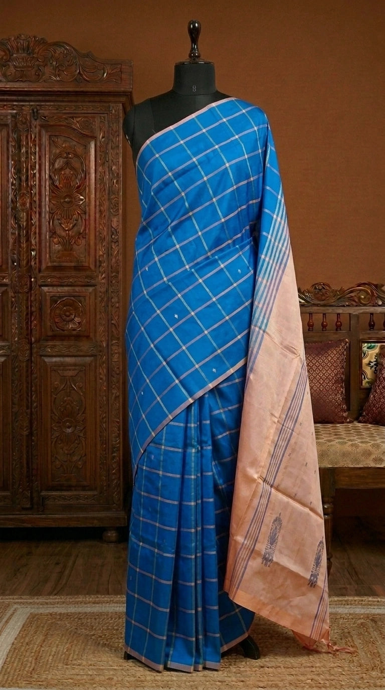 Royal blue handwoven banana silk saree 