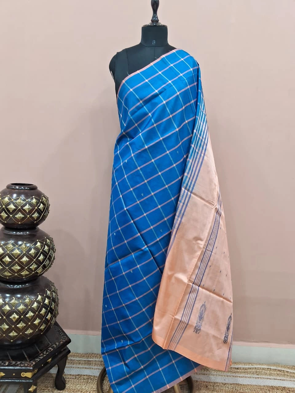 Royal blue handwoven banana silk saree 