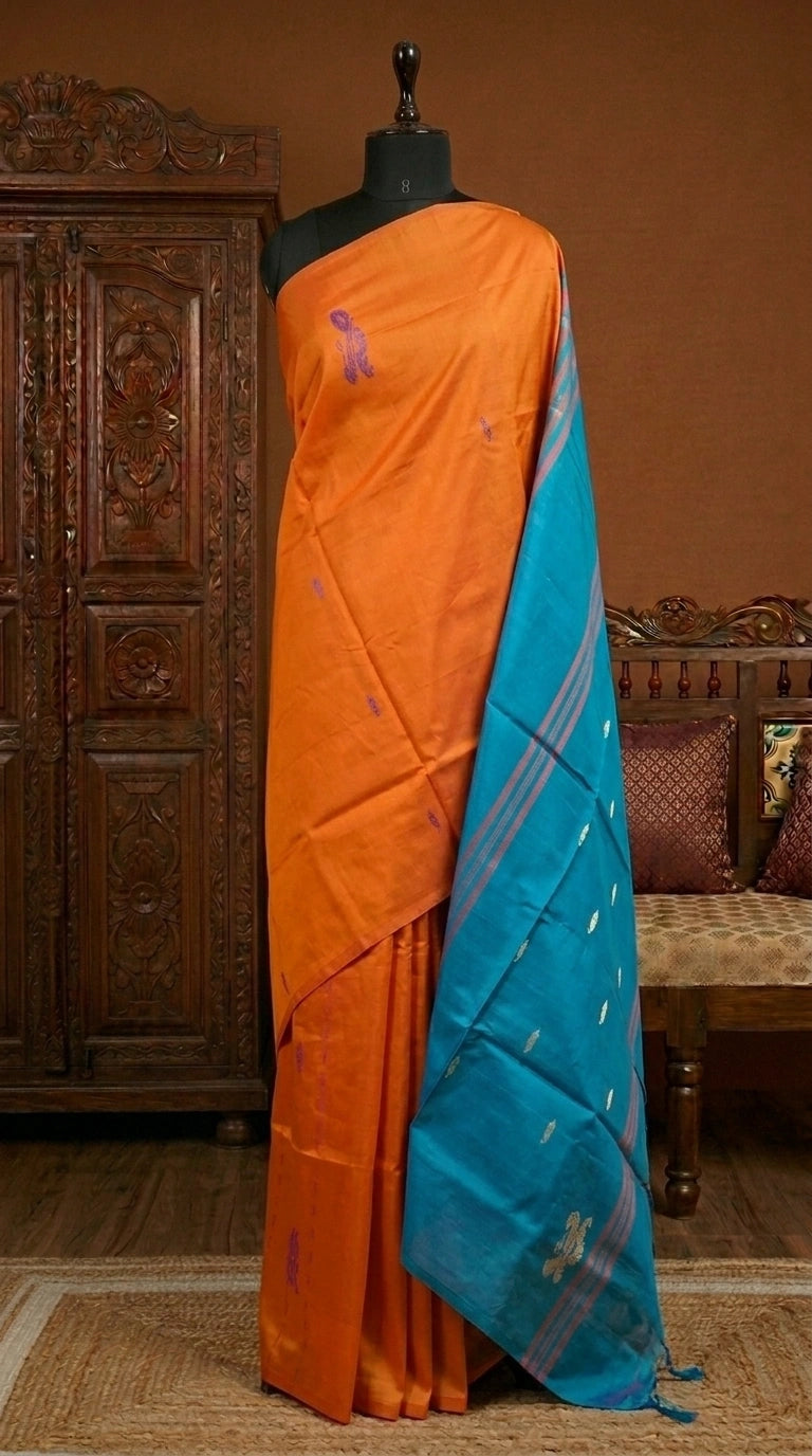 Dark orange handwoven banana silk saree 