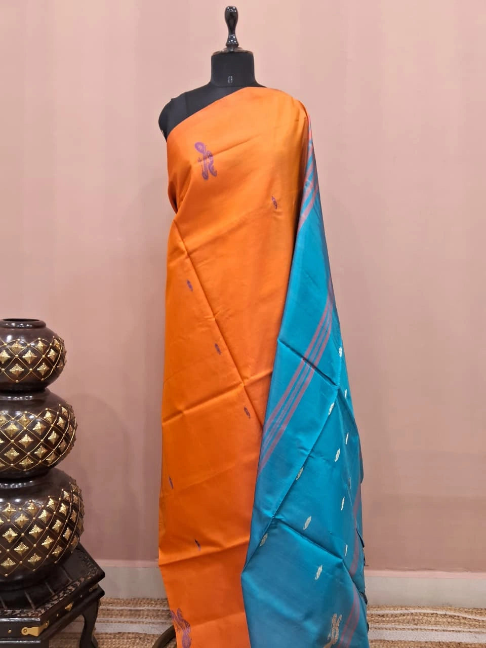Dark orange handwoven banana silk saree 