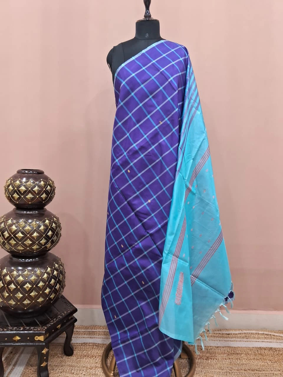 Navy blue handwoven banana silk saree 