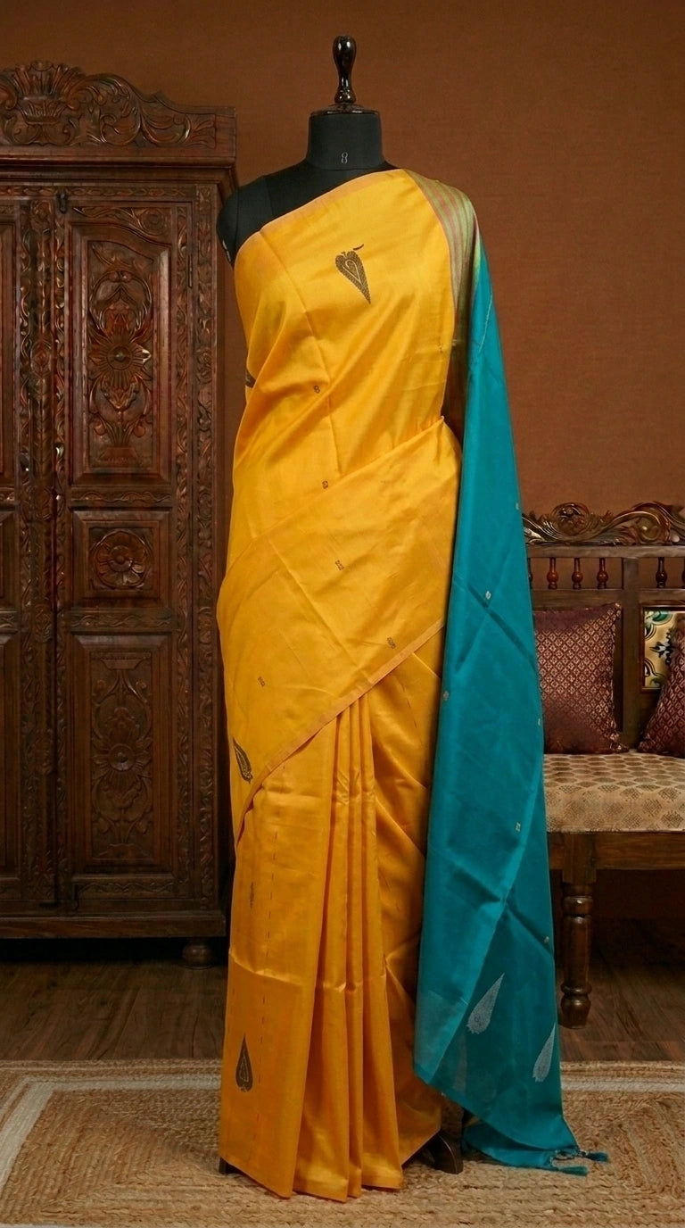 Dark yellow handwoven banana silk saree 