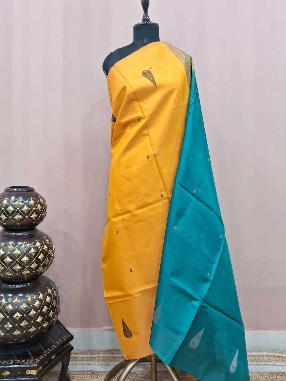 Dark yellow handwoven banana silk saree 