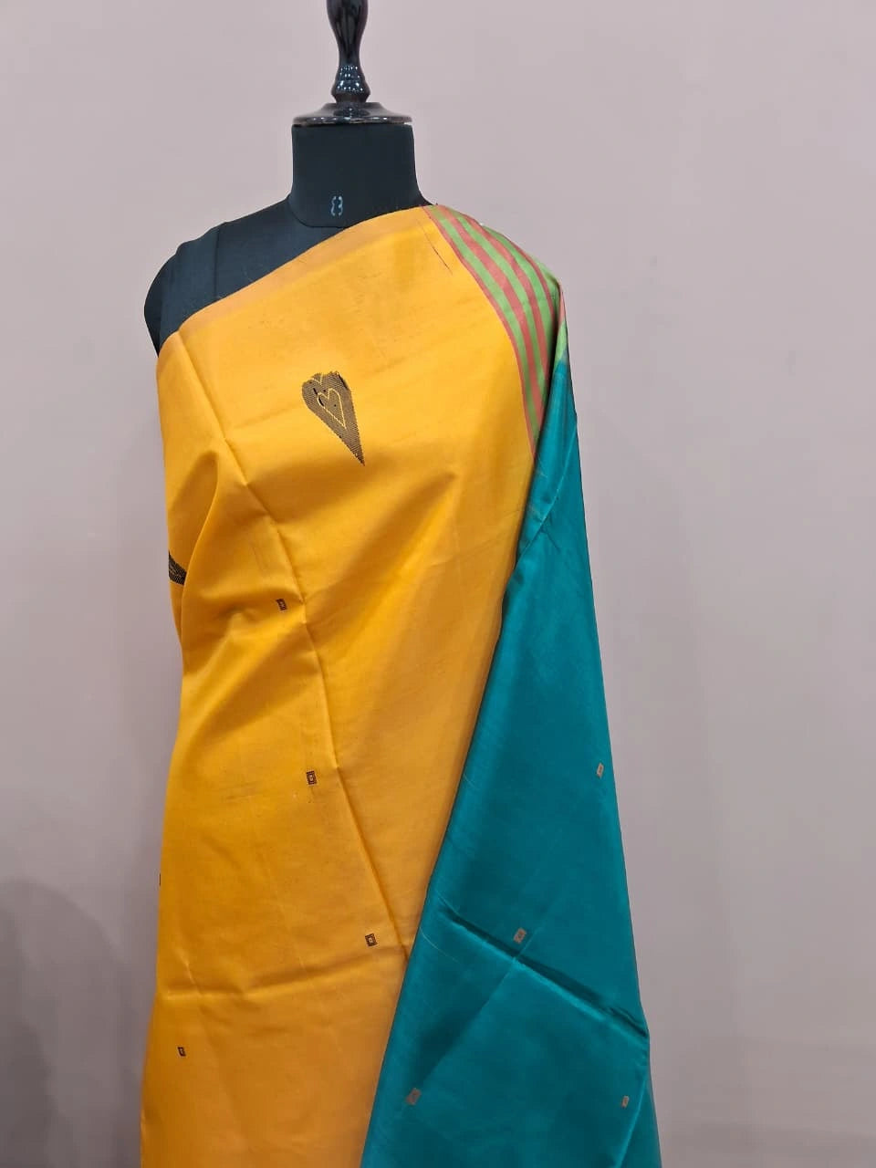 Dark yellow handwoven banana silk saree 1