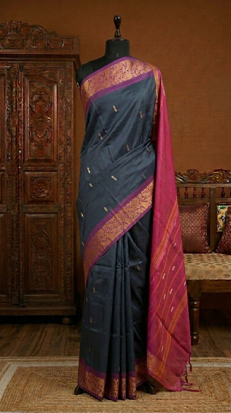 Dark blue handwoven banana silk saree 