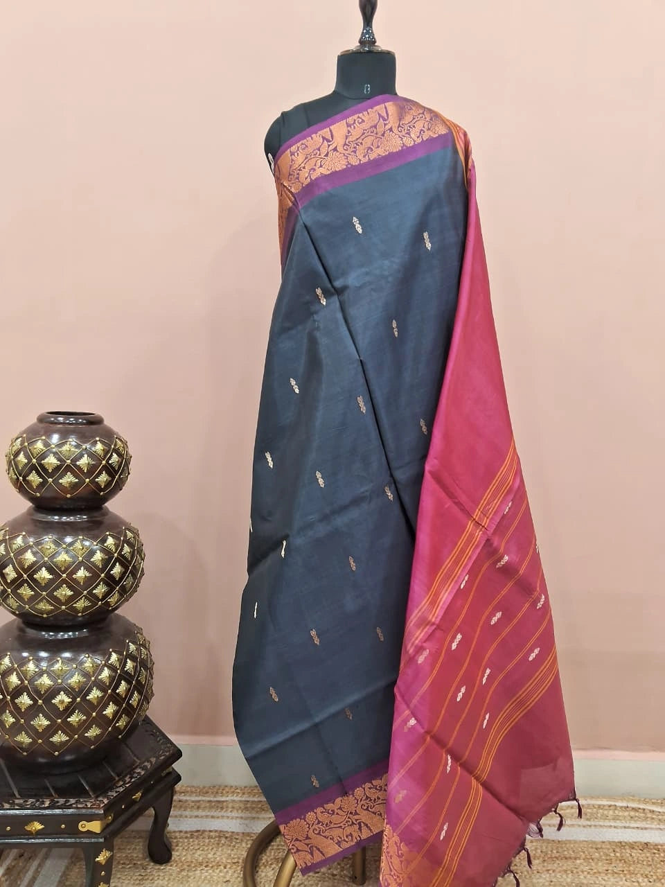 Dark blue handwoven banana silk saree 