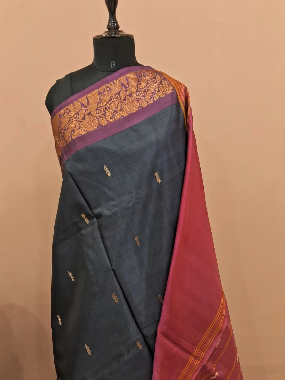 Dark blue handwoven banana silk saree 1